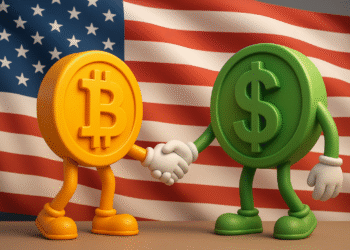 Anthropomorphised Bitcoin and US Dollar characters shaking hands in front of an American flag, symbolizing the growing alliance between crypto and traditional finance.