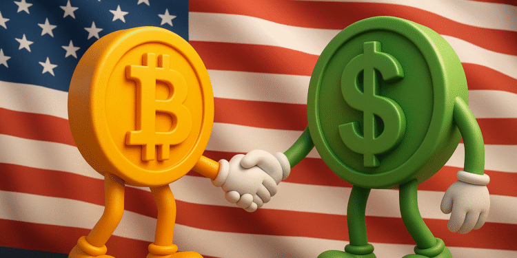 Anthropomorphised Bitcoin and US Dollar characters shaking hands in front of an American flag, symbolizing the growing alliance between crypto and traditional finance.