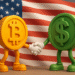 Anthropomorphised Bitcoin and US Dollar characters shaking hands in front of an American flag, symbolizing the growing alliance between crypto and traditional finance.